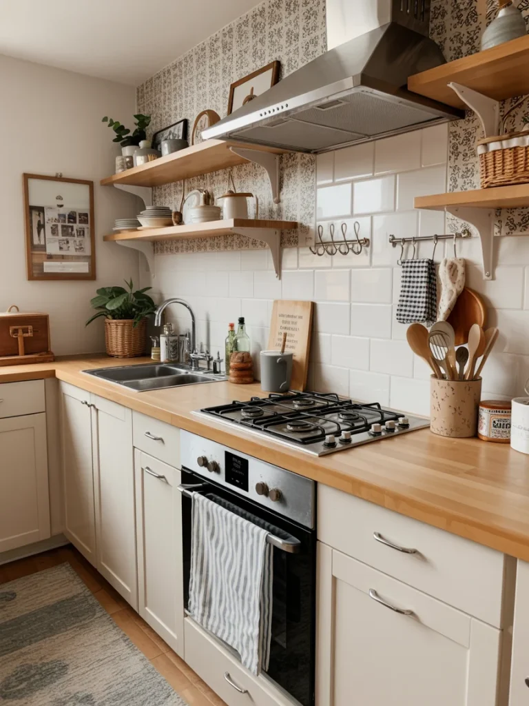 Cozy rental kitchen with open wooden shelves, neutral cabinets, and decorative accents that enhance the space on a budget.