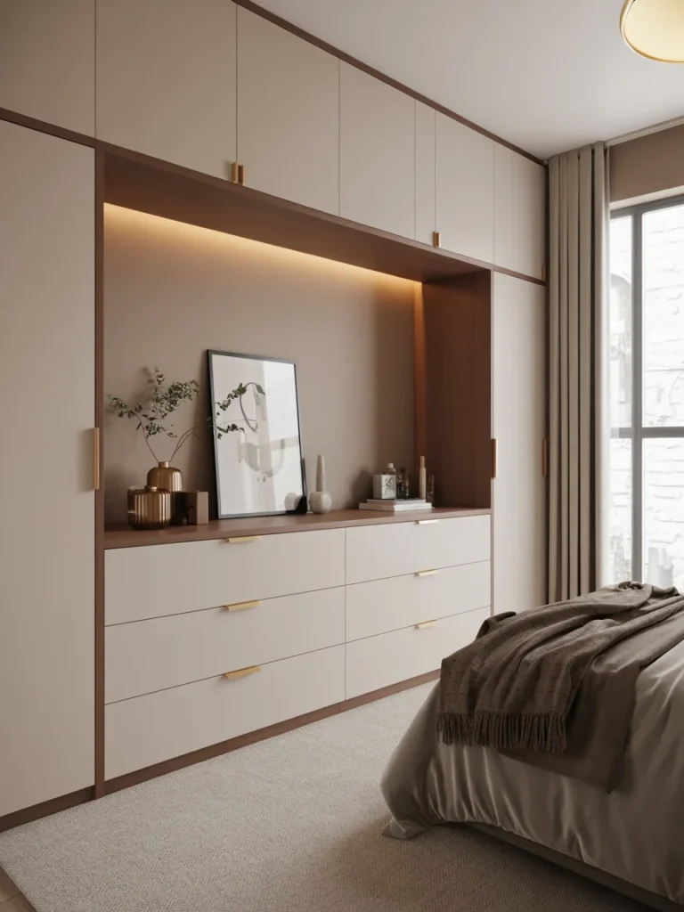Modern built-in dresser with beige drawers, wooden trim, and soft under-cabinet lighting in a minimalist bedroom.