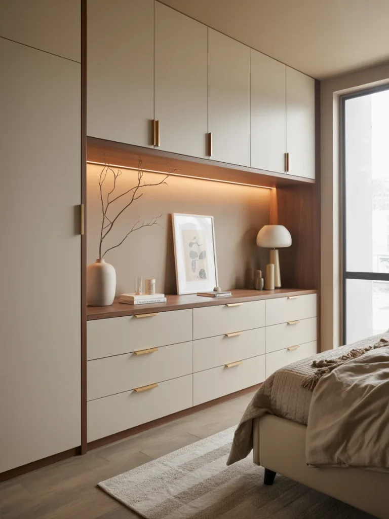 Modern built-in dresser with beige cabinetry, wooden accents, and warm under-cabinet lighting in a cozy bedroom.
