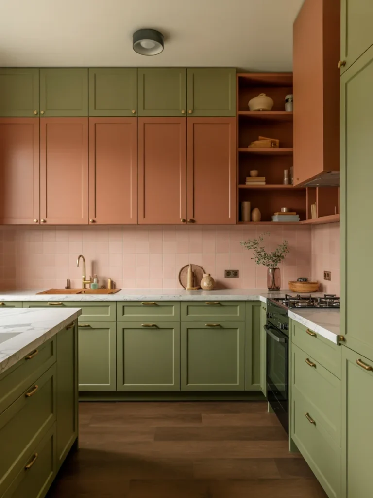 Two-tone kitchen design with green and terracotta cabinets, pink tile backsplash, and brass fixtures showcasing 2025 color trends.