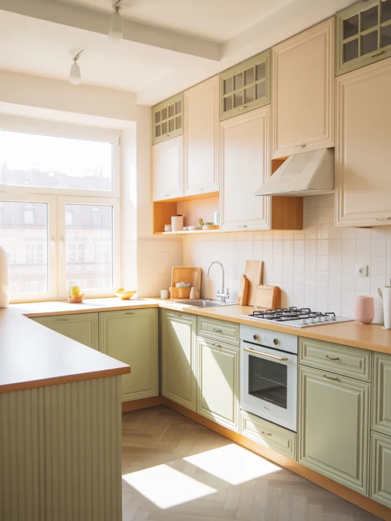 Bright kitchen with pastel green and cream cabinets, light wood countertops, and soft natural light creating an airy atmosphere.