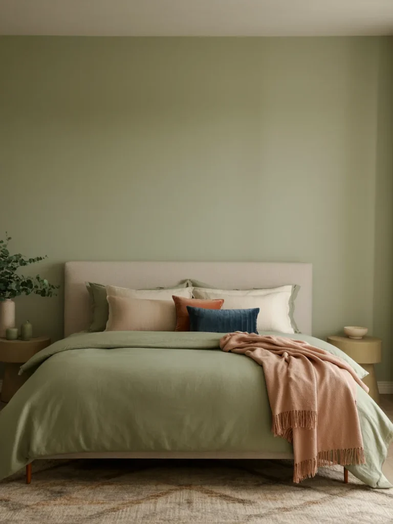 Sage green bedroom with neutral bedding, accent pillows in rust and navy, and a minimalist modern design.