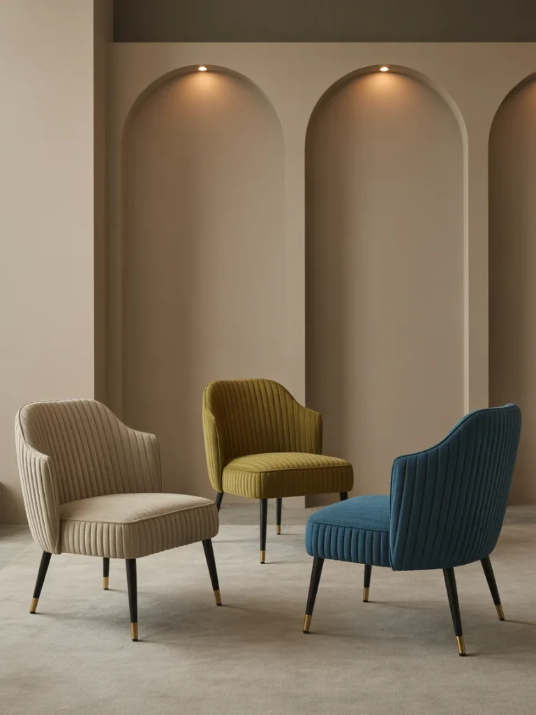 Three modern accent chairs in beige, olive green, and teal upholstery arranged in a minimalist room with arched wall niches.