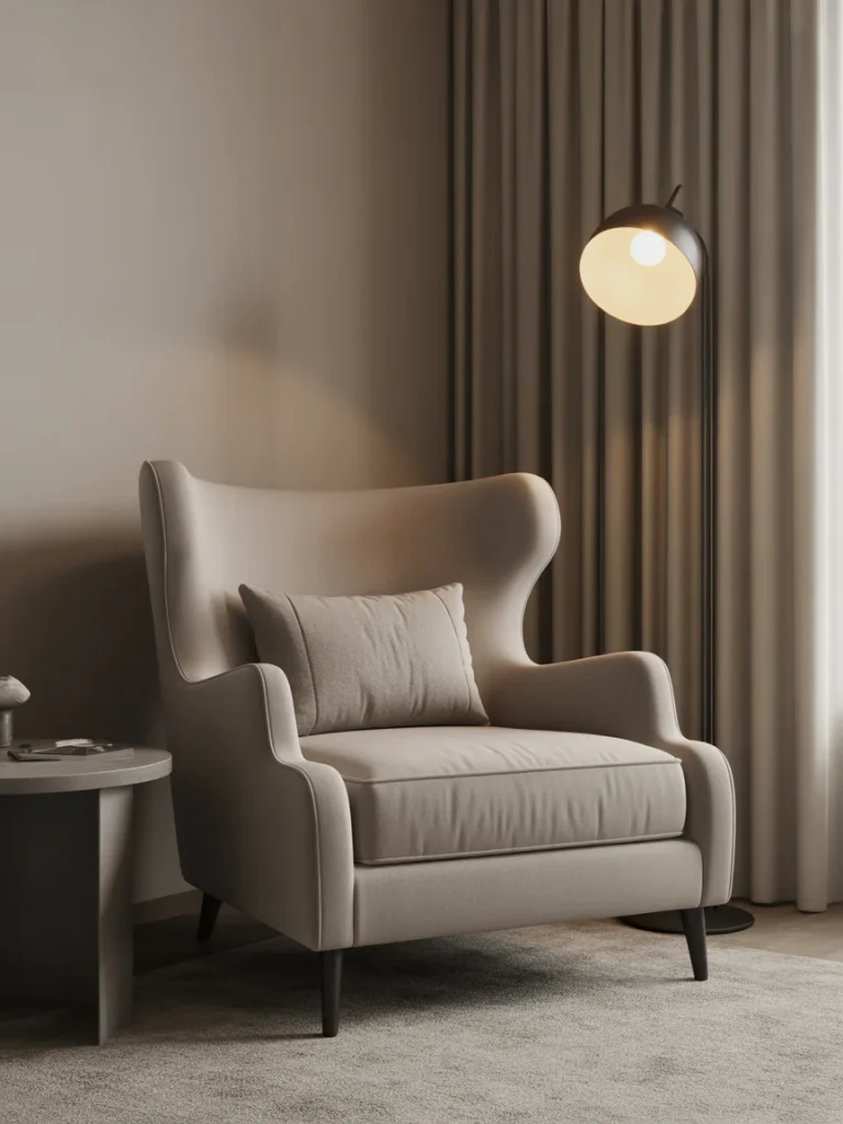 Cozy modern accent chair with soft beige upholstery beside a round side table and floor lamp in a neutral living room.