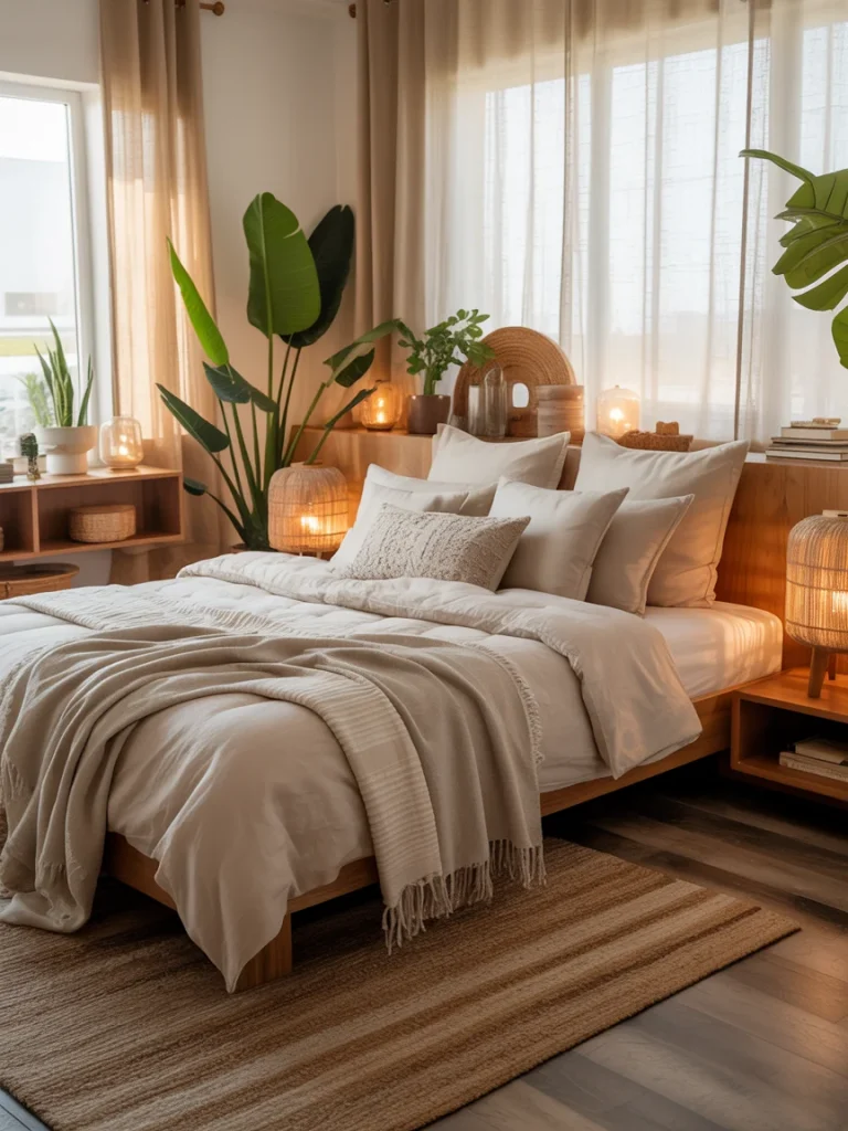 Inviting bedroom with warm lighting, layered neutral bedding, wooden furniture, and lush green plants creating a natural and serene atmosphere.