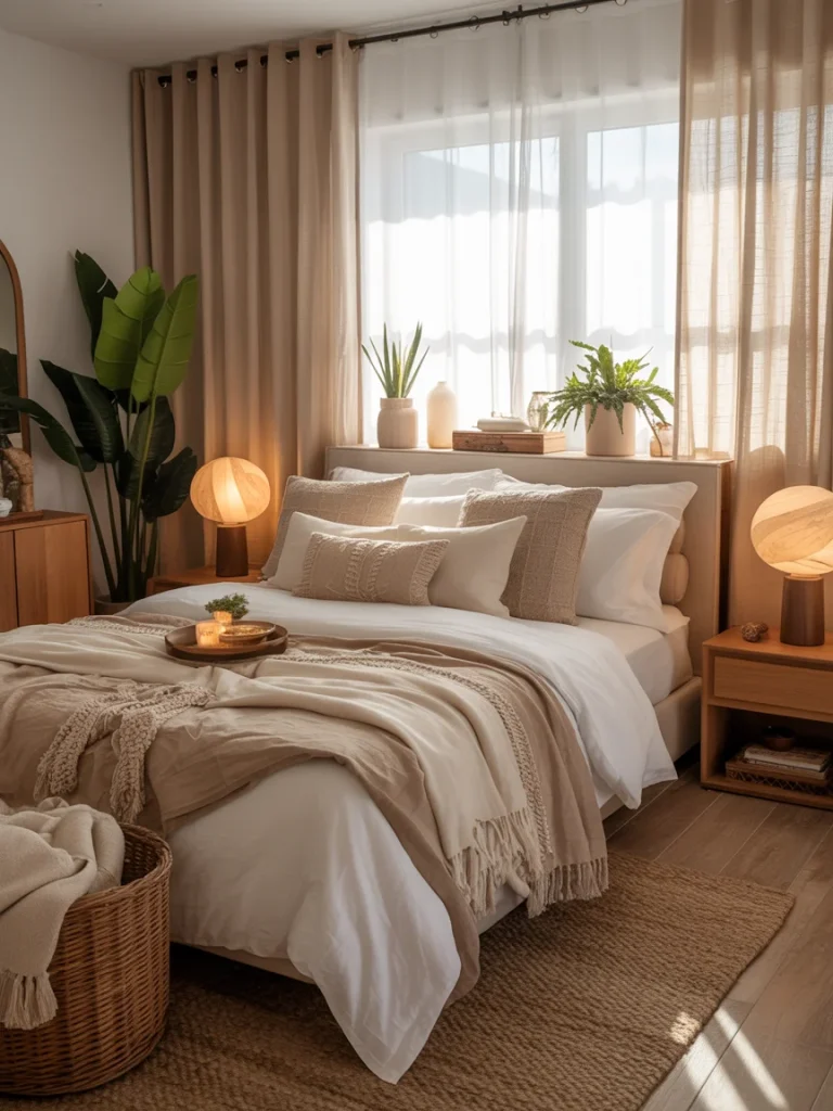Warm and cozy bedroom with neutral tones, layered bedding, soft lighting, and natural textures creating a calm and inviting atmosphere.