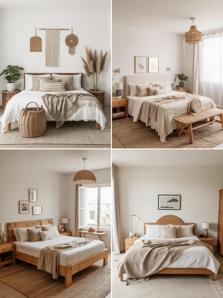 Collage of cozy bedroom designs featuring neutral color palettes, wooden furniture, woven textures, and layered bedding for a warm, inviting atmosphere.
