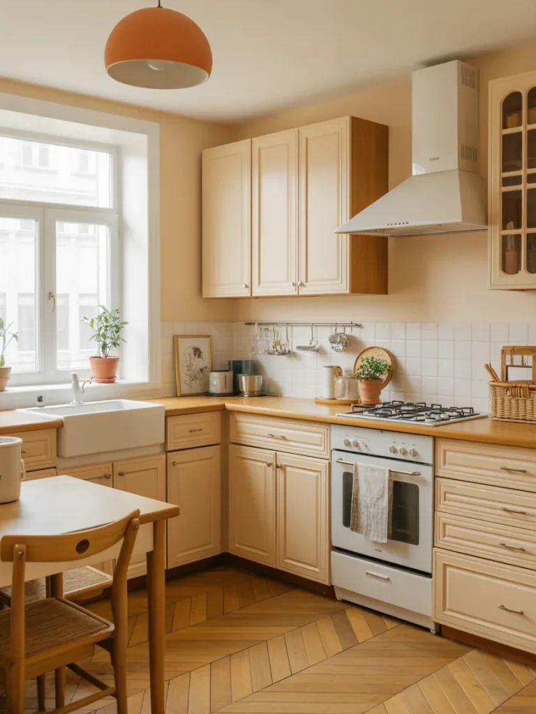 Warm earthy kitchen with beige cabinets, wooden countertops, and natural light from a large window.