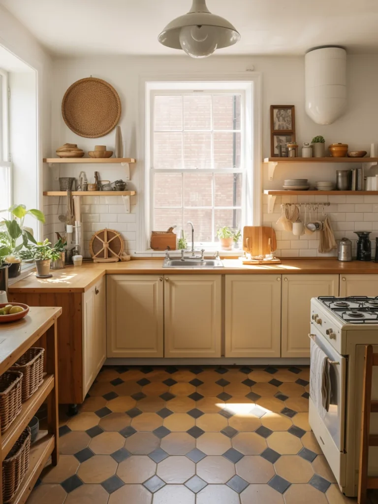 Earthy kitchen with natural wood shelves, warm beige cabinets, and patterned terracotta tile flooring.