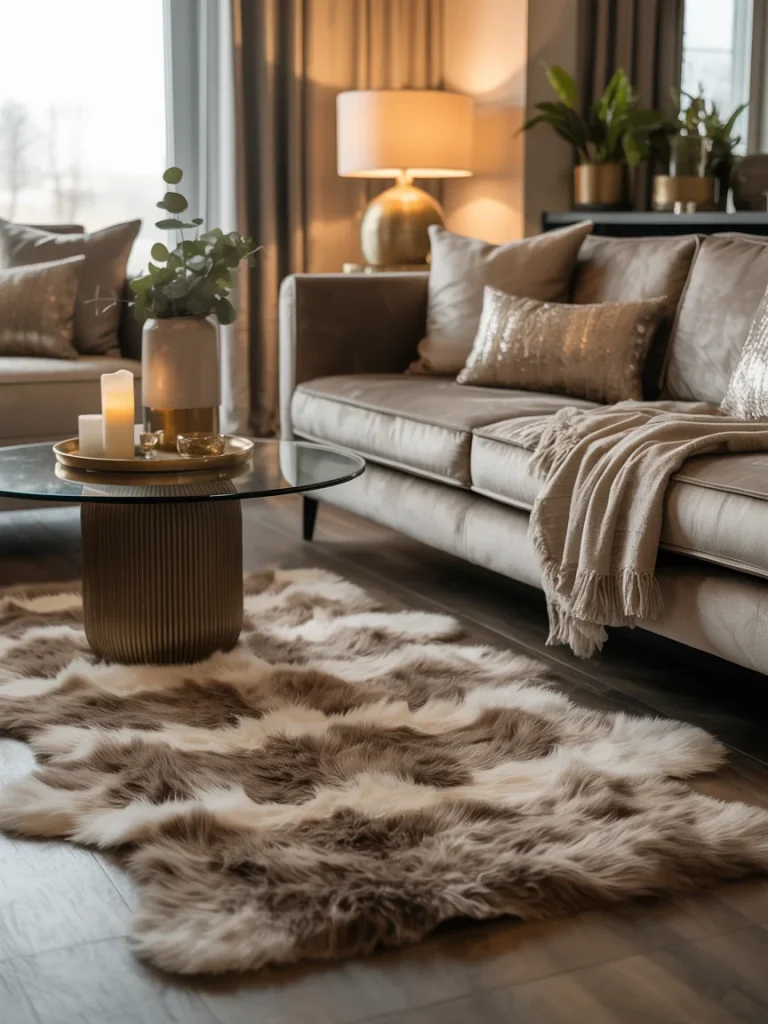 A cozy, elegant living room featuring a soft faux fur rug in beige and white tones, paired with a taupe sofa, metallic gold accents, and warm ambient lighting.