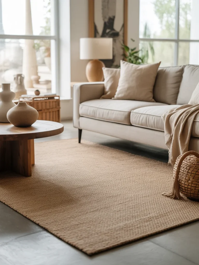 A minimalist living room featuring a natural flatweave rug in a light tan tone, paired with a beige sofa, wooden coffee table, neutral ceramics, and soft layered textures under natural sunlight.