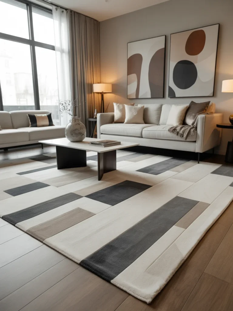 A modern living room featuring a geometric rug in neutral tones of beige, black, gray, and white, paired with minimalist furniture, abstract wall art, and floor-to-ceiling windows.