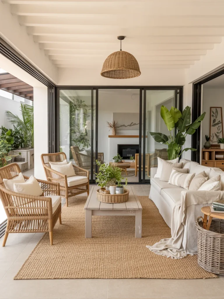 A bright and airy patio living space featuring a natural woven indoor-outdoor rug, rattan furniture, neutral cushions, and lush green plants under a white beamed ceiling.