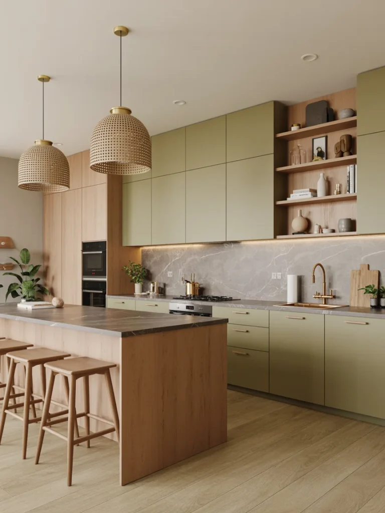 Modern kitchen design with sage green cabinets, wood accents, marble backsplash, and woven pendant lights reflecting 2025 kitchen trends.