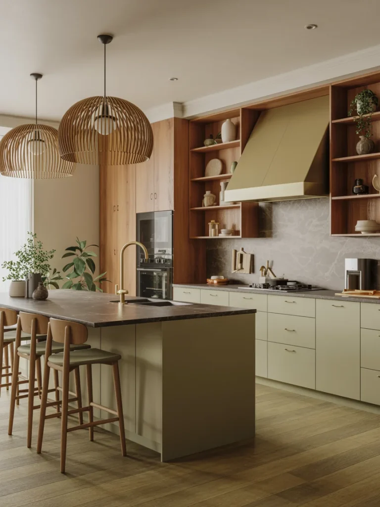 Modern kitchen with light olive cabinets, wood accents, and minimalist pendant lighting reflecting 2025 kitchen design trends.