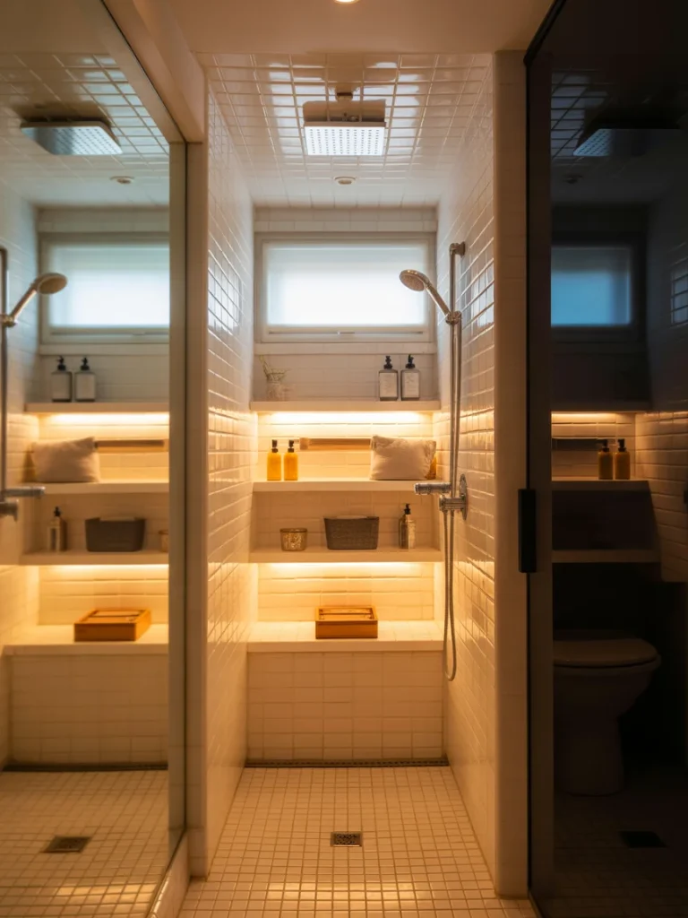 Small modern bathroom with a walk-in shower featuring built-in shelving and warm backlit lighting.