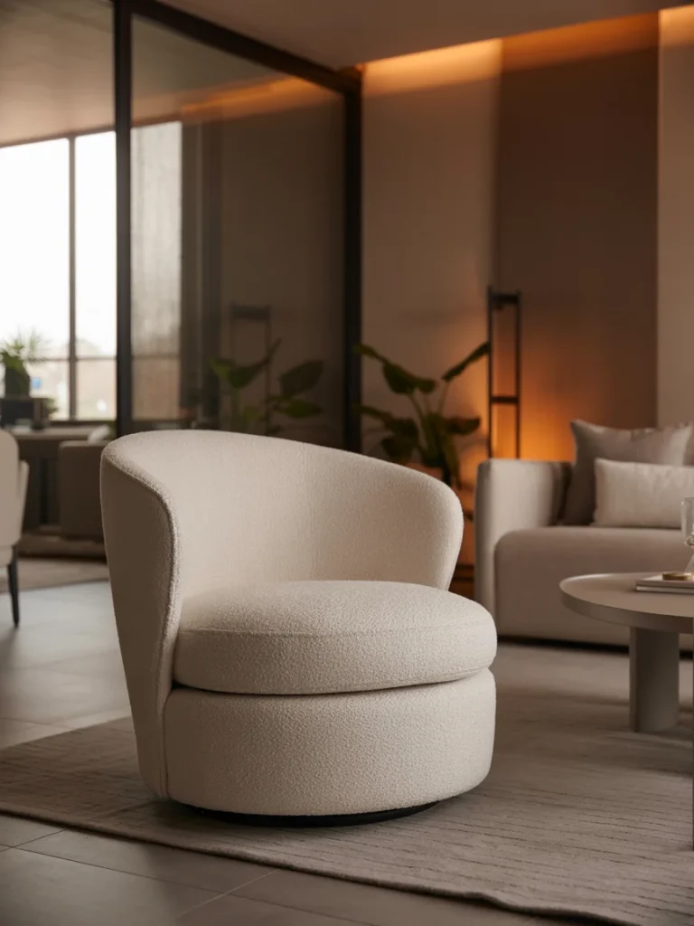 Cozy modern swivel chair in a neutral-toned living room with warm lighting, minimalist decor, and soft textures.