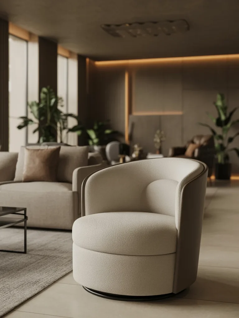 Modern beige swivel chair in a stylish living room with neutral tones, soft lighting, and contemporary furniture.