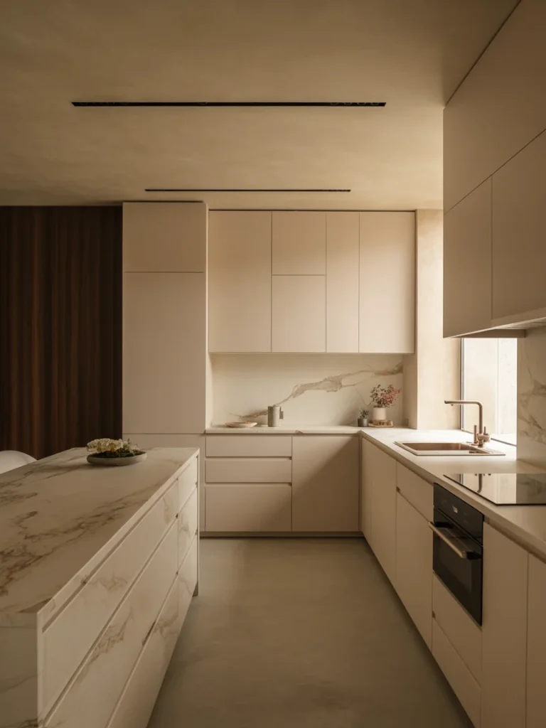 Luxury modern kitchen with marble countertops, minimalist beige cabinetry, and soft ambient lighting for a refined aesthetic.
