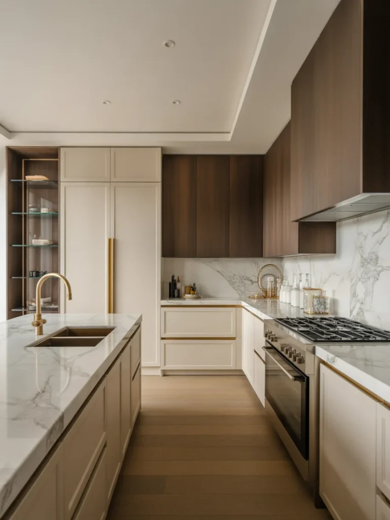 Luxury modern kitchen with marble countertops, gold fixtures, and dark wood cabinetry.
