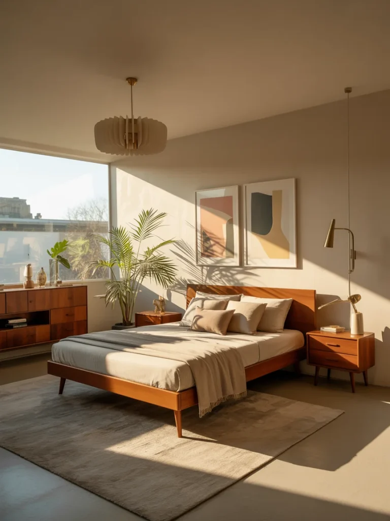 A stylish mid-century modern bedroom featuring a wooden platform bed, neutral bedding, minimalist decor, and warm natural light streaming through a large window.