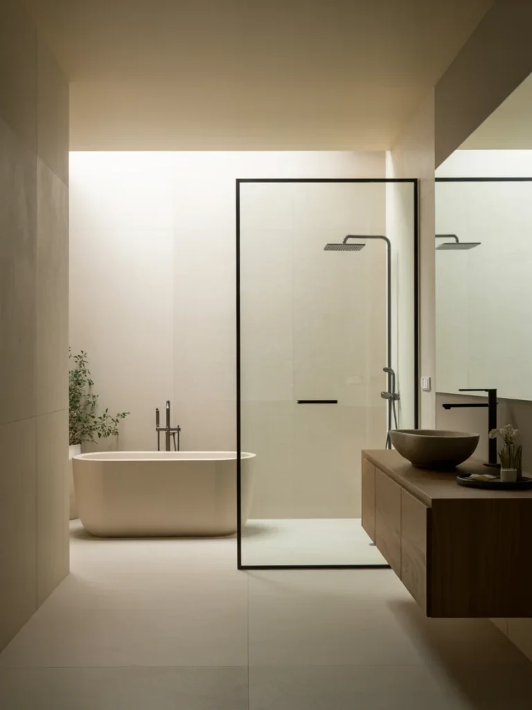 Minimalist bathroom with freestanding tub, walk-in shower, and wood vanity in warm neutral tones.