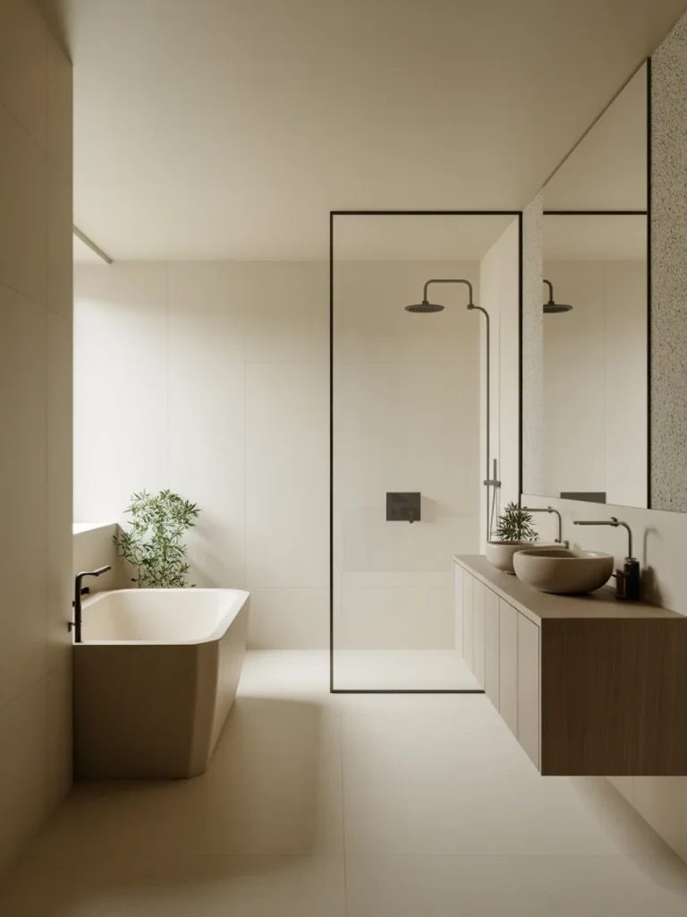 Modern minimalist bathroom with neutral tones, walk-in shower, freestanding tub, and wood vanity.