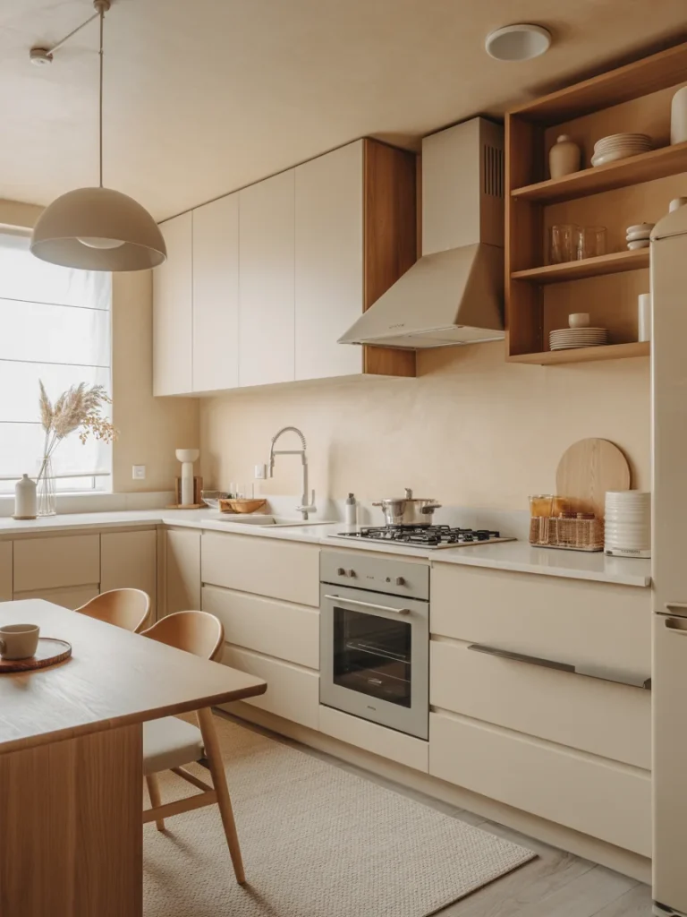 Minimalist kitchen in warm neutral tones with wood accents, open shelving, and soft natural light creating a cozy modern look.