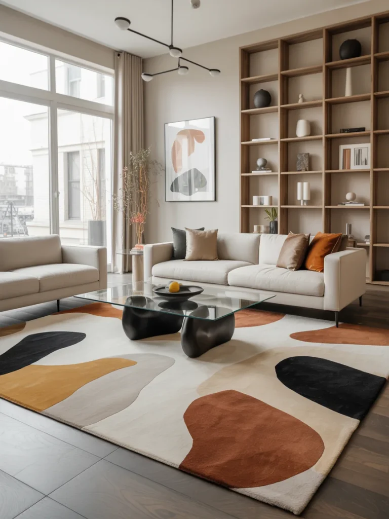 A contemporary living room featuring a modern abstract rug with organic shapes in black, rust, beige, and mustard tones, paired with minimalist furniture and a glass coffee table.