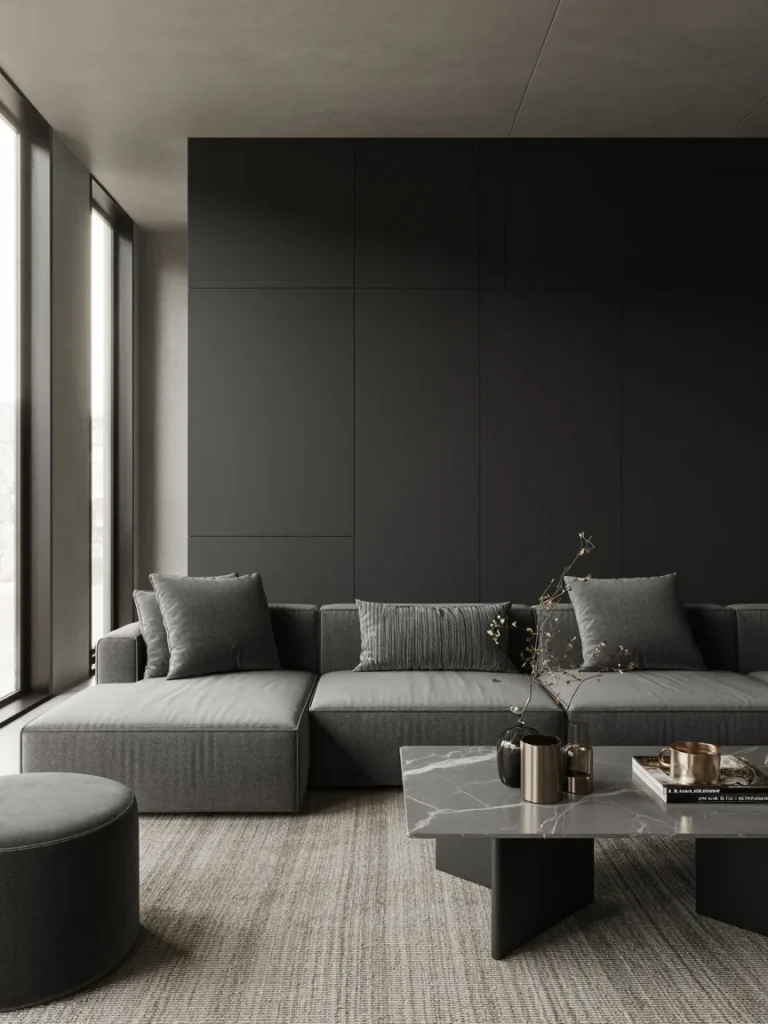 Contemporary black and grey living room with a sleek sectional sofa, marble coffee table, and minimalist decor.
