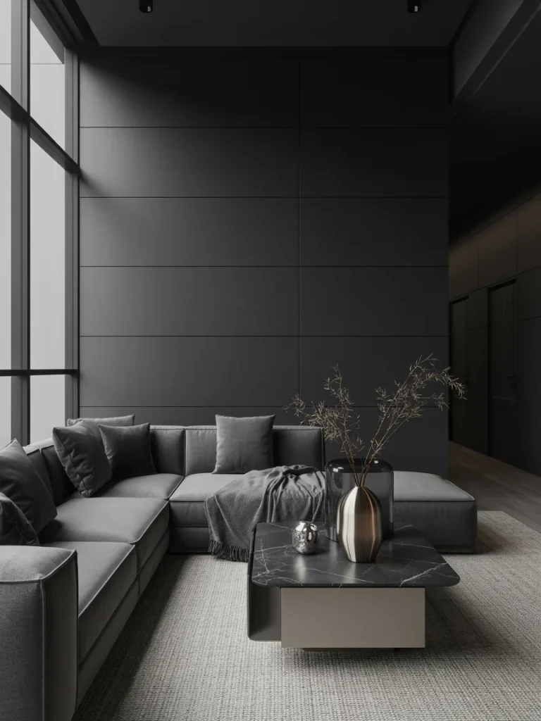 Modern black and grey living room with sectional sofa, sleek black coffee table, and minimalist decor.
