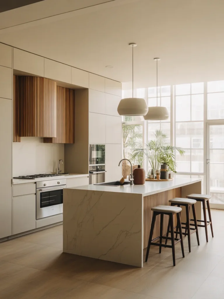 Contemporary kitchen with marble island, sleek cabinetry, and pendant lights in a bright open space.