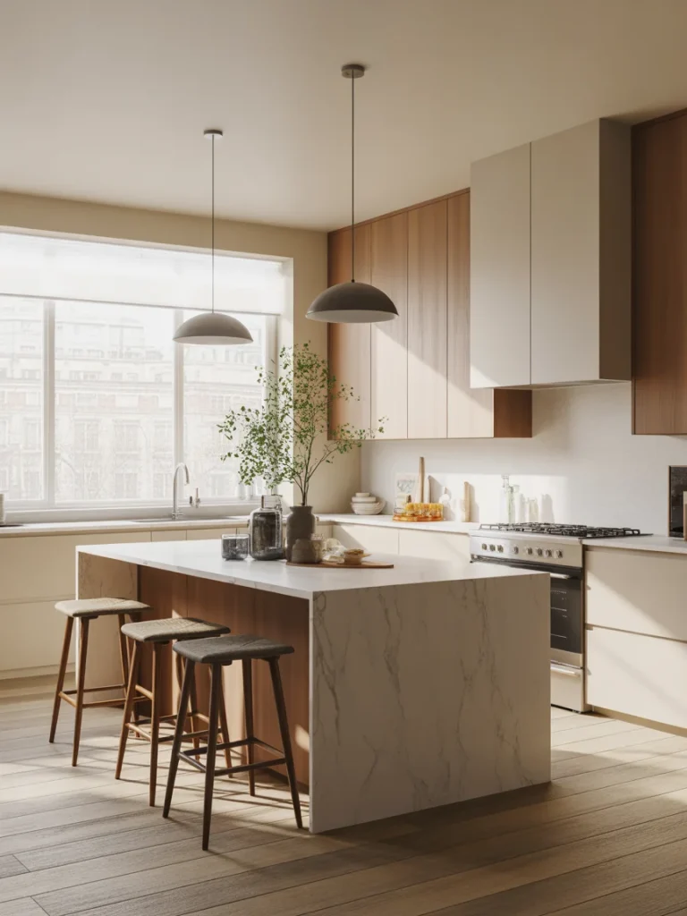 Bright modern kitchen with a marble island, wooden cabinetry, and pendant lighting over a minimalist design.