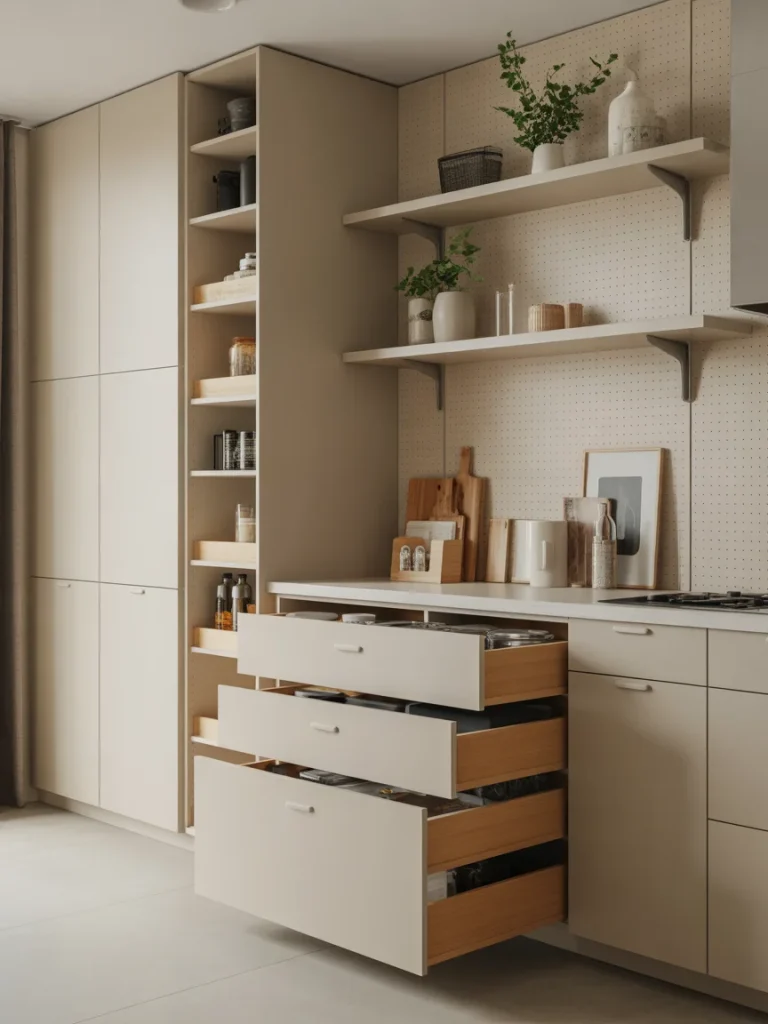Modern kitchen with open shelving, pull-out drawers, and minimalist cabinetry for efficient storage.