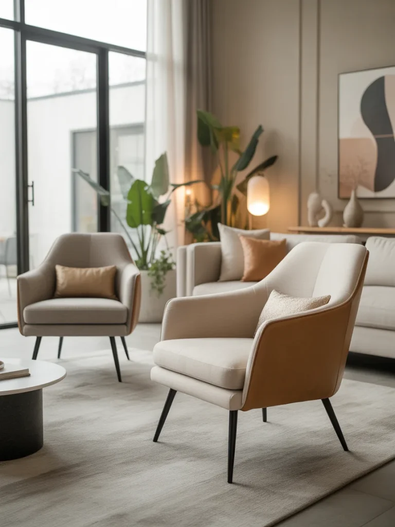 Contemporary living room with beige accent chairs, modern decor, and large windows bringing in natural light.