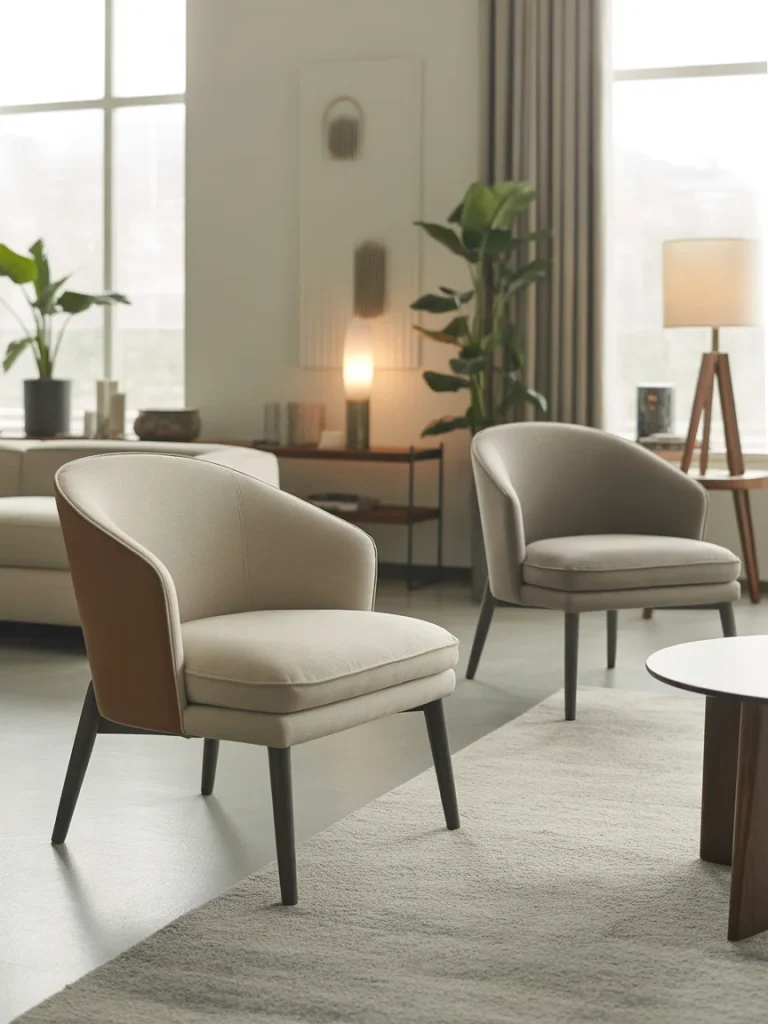 Modern living room with two beige upholstered accent chairs, a neutral rug, and contemporary decor.