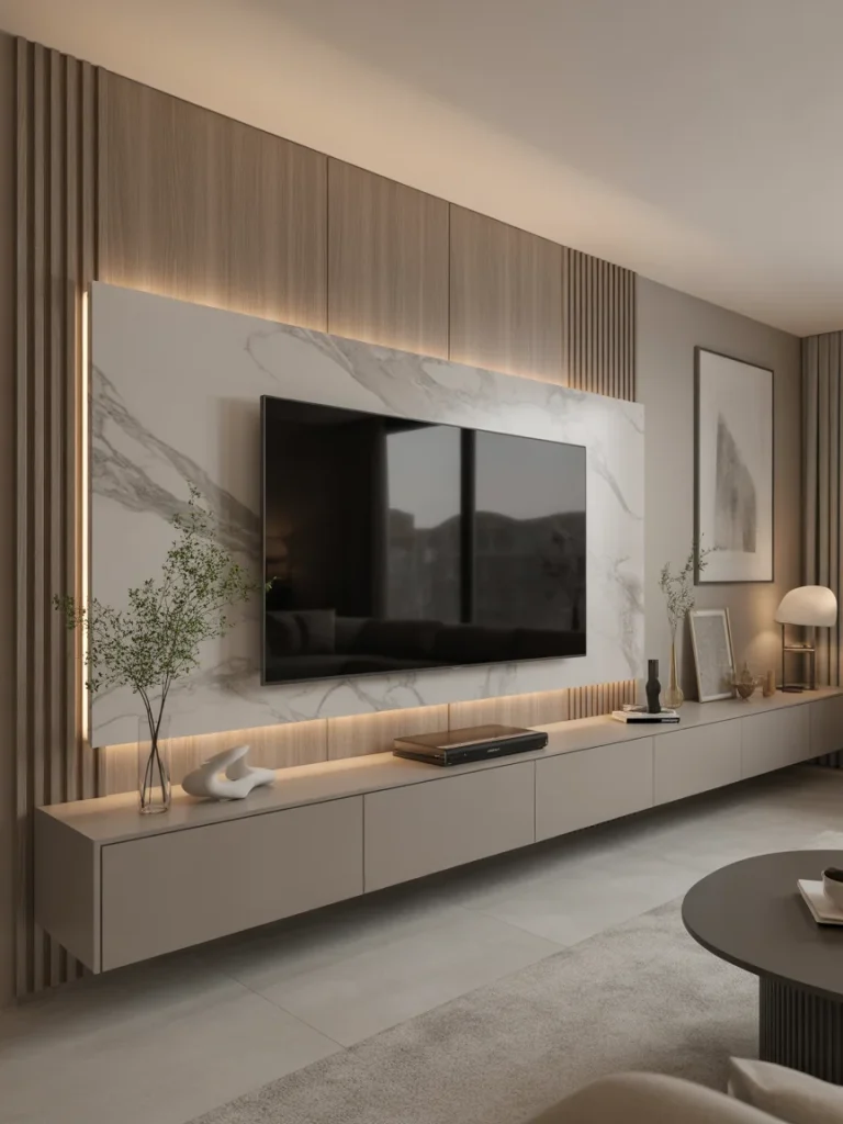 Elegant modern TV wall with marble backdrop, wooden paneling, and warm LED accent lighting.