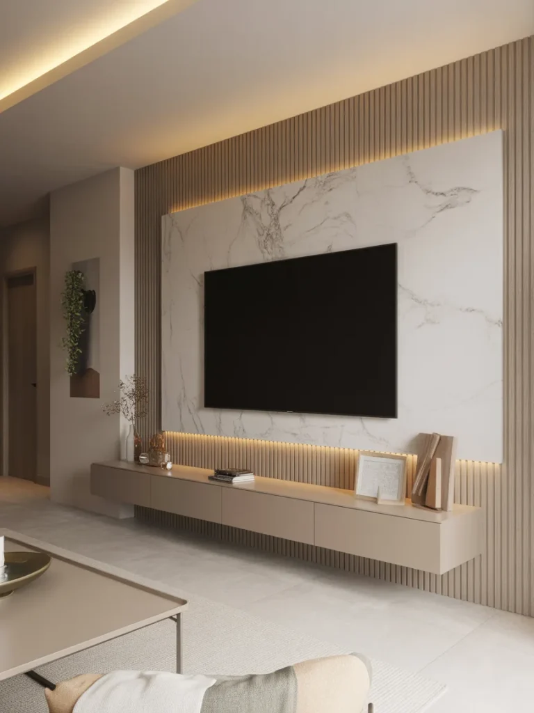 Modern TV wall design with marble paneling, beige slatted accents, and ambient LED lighting.