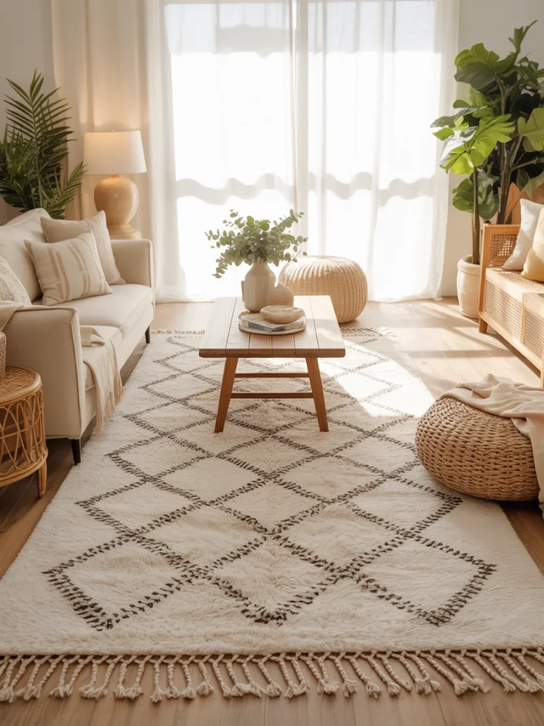 A bright, airy living room featuring a cream Moroccan rug with diamond patterns and tasseled edges, complemented by a beige sofa, wooden coffee table, woven poufs, and lush green plants.