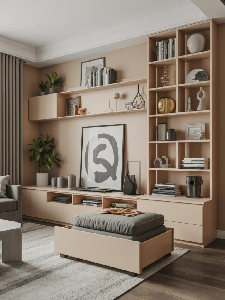 Modern living room with built-in shelving and smart storage furniture styled with books, decor, and neutral tones.