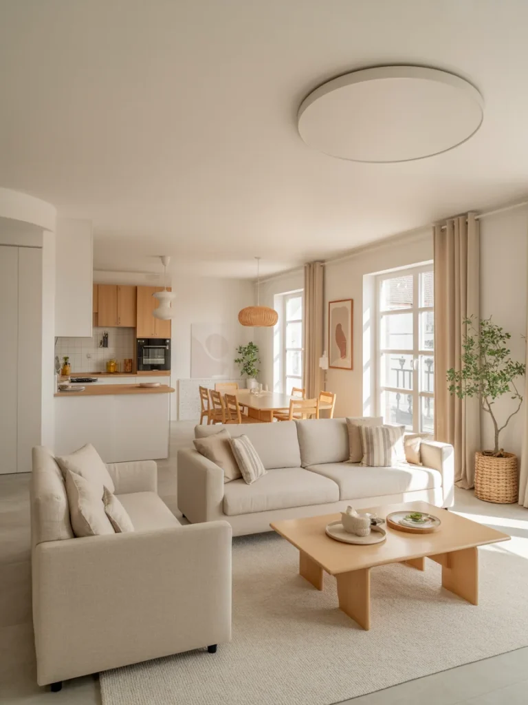 Bright open concept living room with beige sofas, wooden furniture, and large windows that fill the space with natural light.