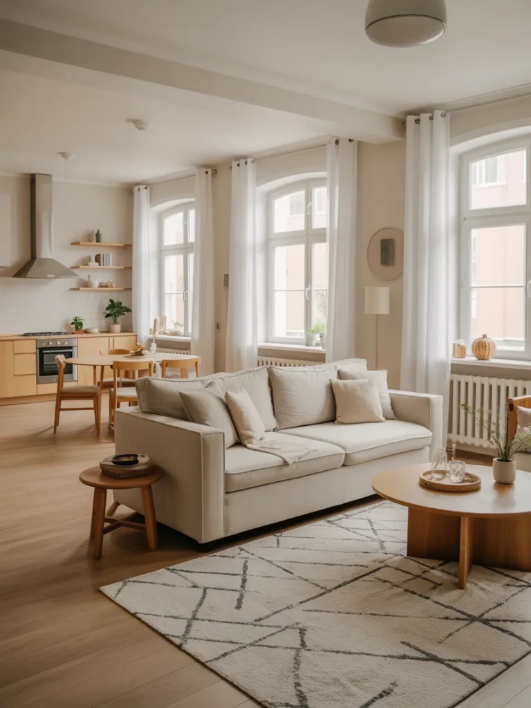 Open concept living room with neutral decor, light wood furniture, and large windows letting in natural light.