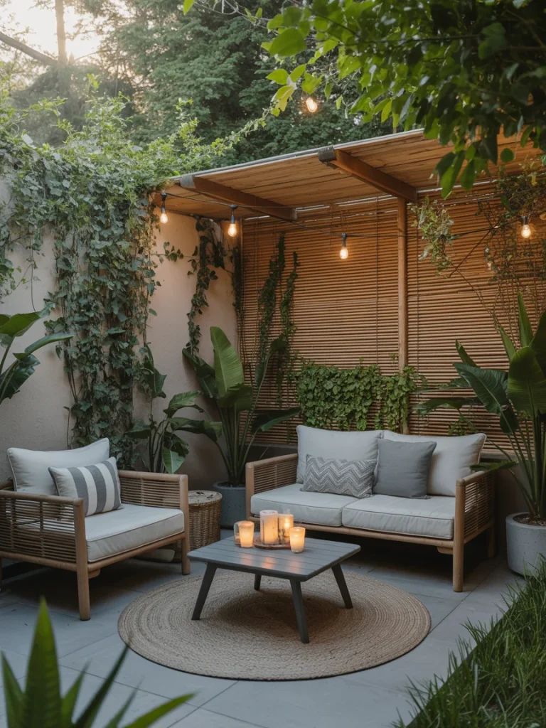 Intimate outdoor patio with bamboo privacy wall, cozy seating, string lights, and candles for evening ambiance.