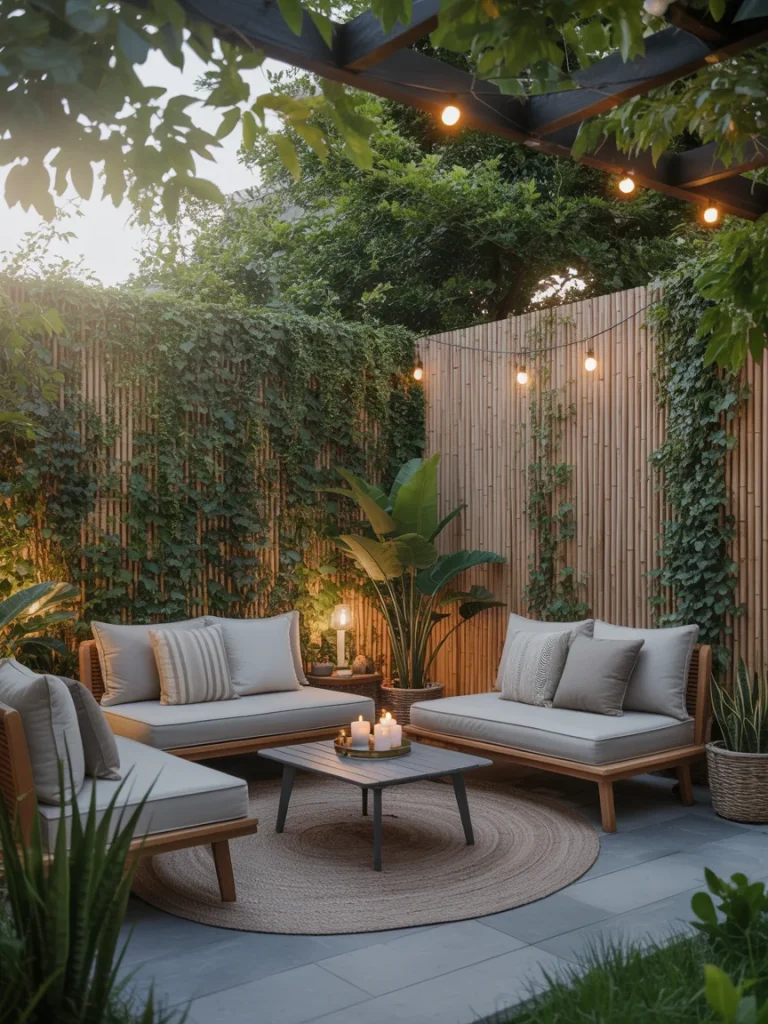 Cozy outdoor patio with wooden privacy panels, lush greenery, string lights, and modern seating area.