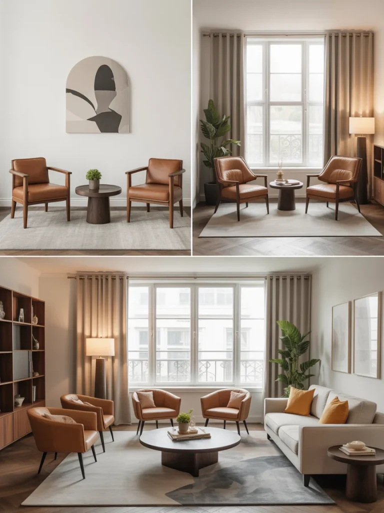 Modern living room setups showcasing different seating arrangements with tan leather chairs, neutral rugs, and natural light.
