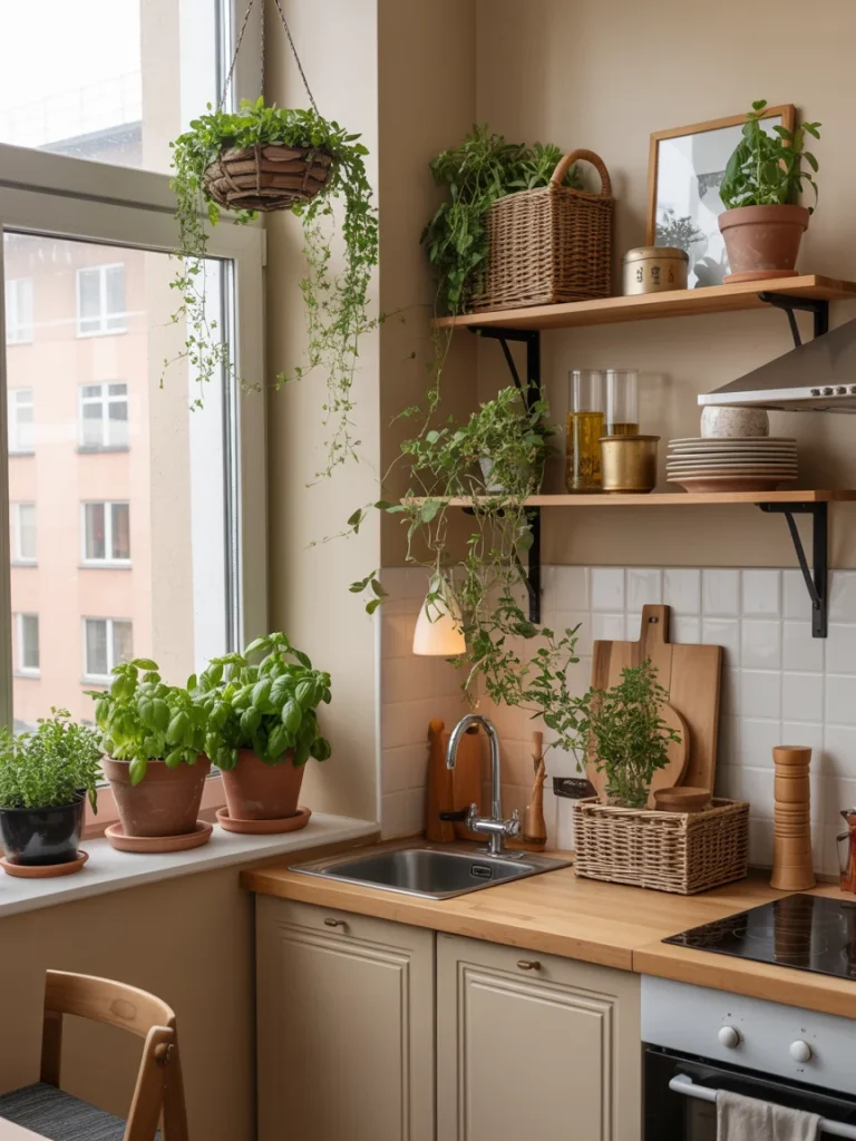 Cozy kitchen corner decorated with potted herbs, hanging plants, and woven baskets adding natural warmth and freshness.