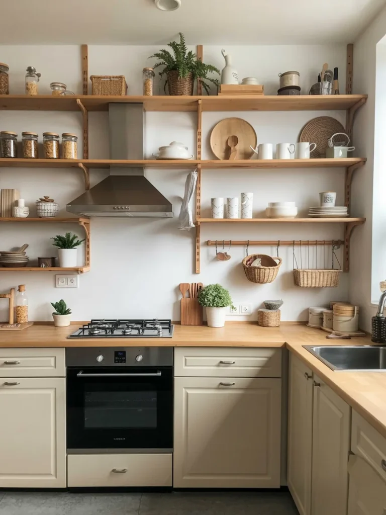 Stylish kitchen with open wooden shelves displaying dishes, jars, and baskets, creating a warm and organized aesthetic.