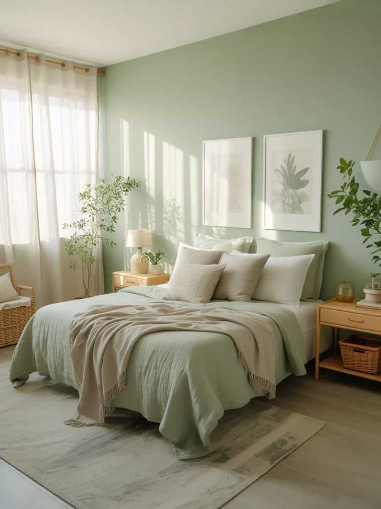Sage green bedroom with cozy bedding, wooden furniture, and natural light streaming through sheer curtains.