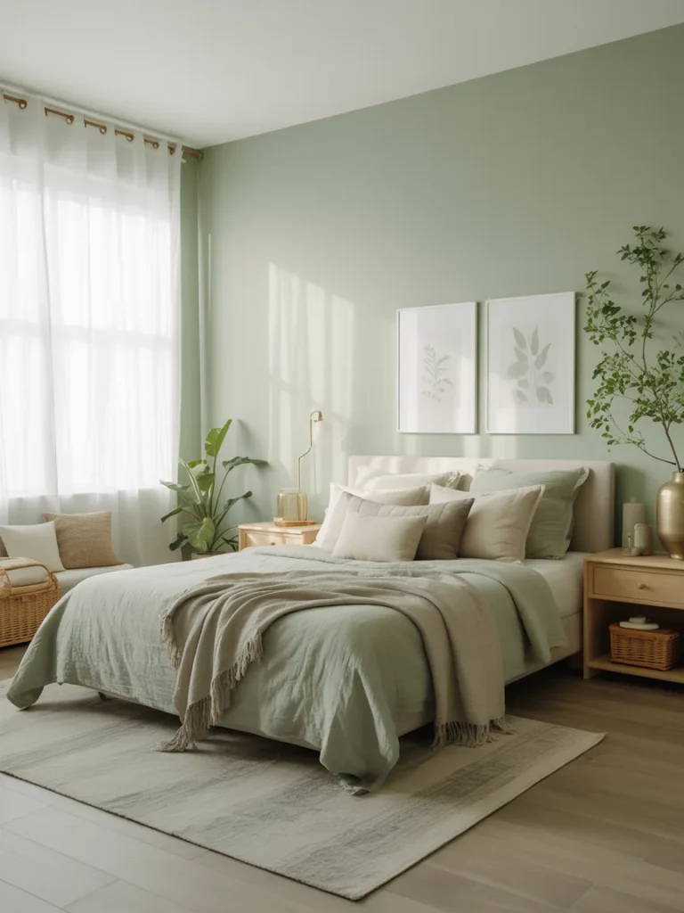 Sage green bedroom with soft natural light, neutral bedding, wooden furniture, and minimalist decor.