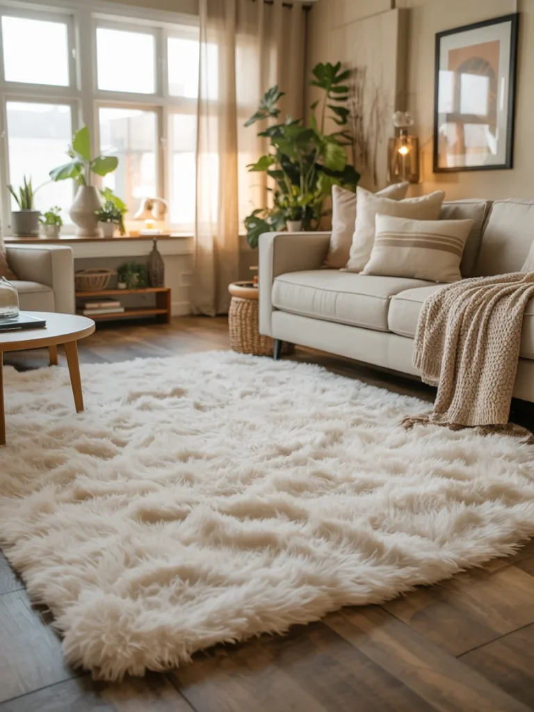 A cozy, sunlit living room with a soft white shag rug on wooden flooring, surrounded by a beige sofa, textured throw blanket, neutral pillows, and lush green plants near large windows.